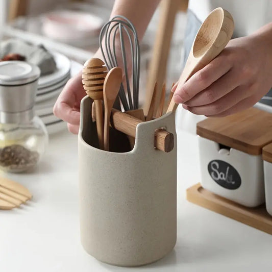 Ceramic Cutlery Holder - Round Kitchen Utensil Organizer