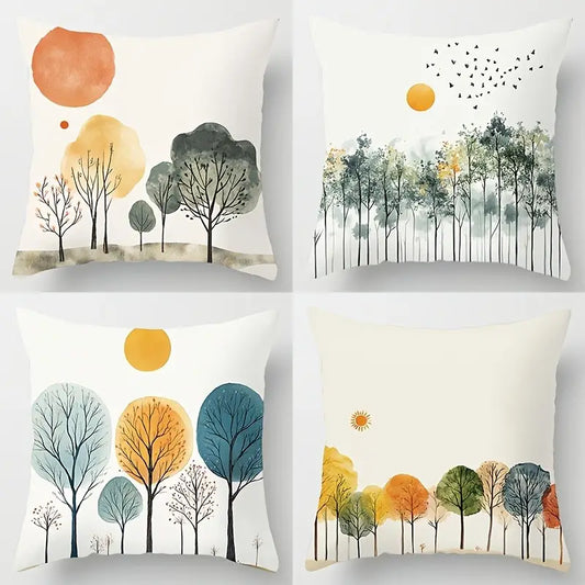 Watercolor Tree Sun Cushion Covers - 18x18 Pillow Cases - 4 Pack
