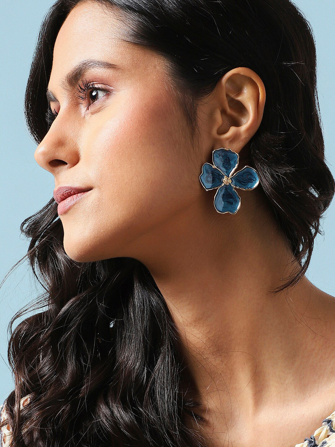 Gold-Plated Stud Earrings – Contemporary Design – Blue Accent – 2.5cm Square