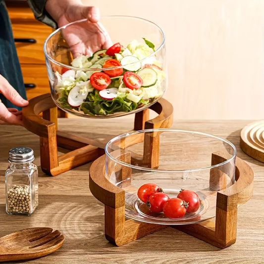 Glass Fruit Bowl with Bamboo Base – Stylish Snack or Salad Display Dish
