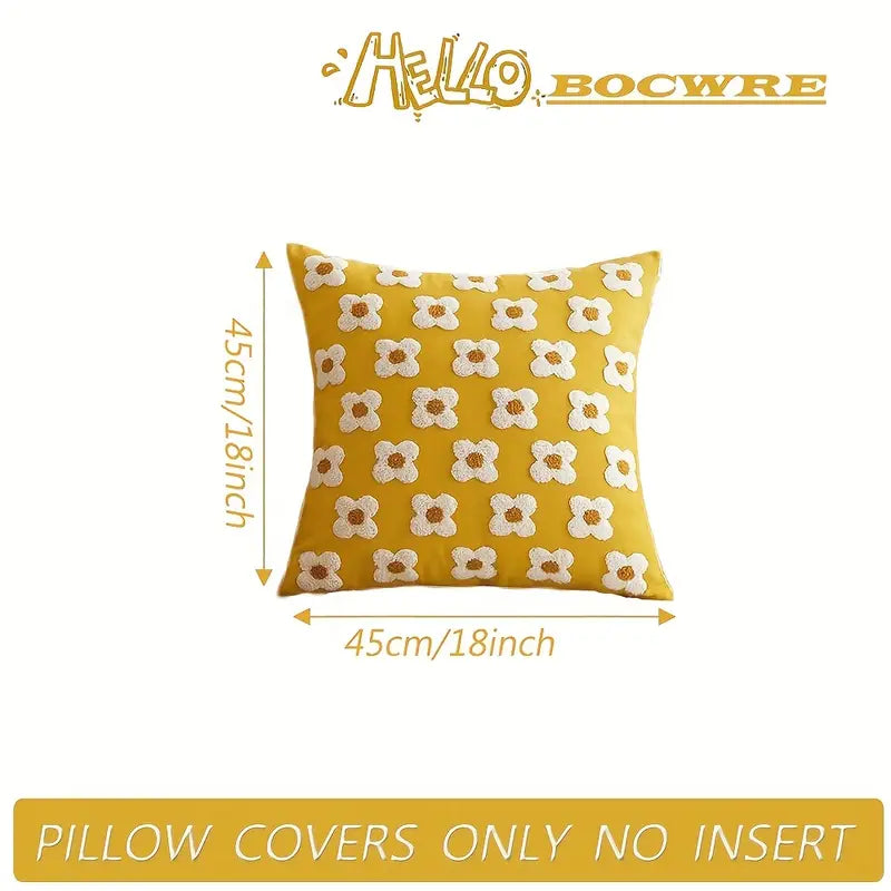 Floral Embroidered Throw Pillow Covers - Yellow Canvas Sofa Decor