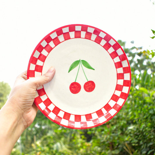 Serving Plate | Ceramic Checked Cherry | Set of 2, 7 Inches
