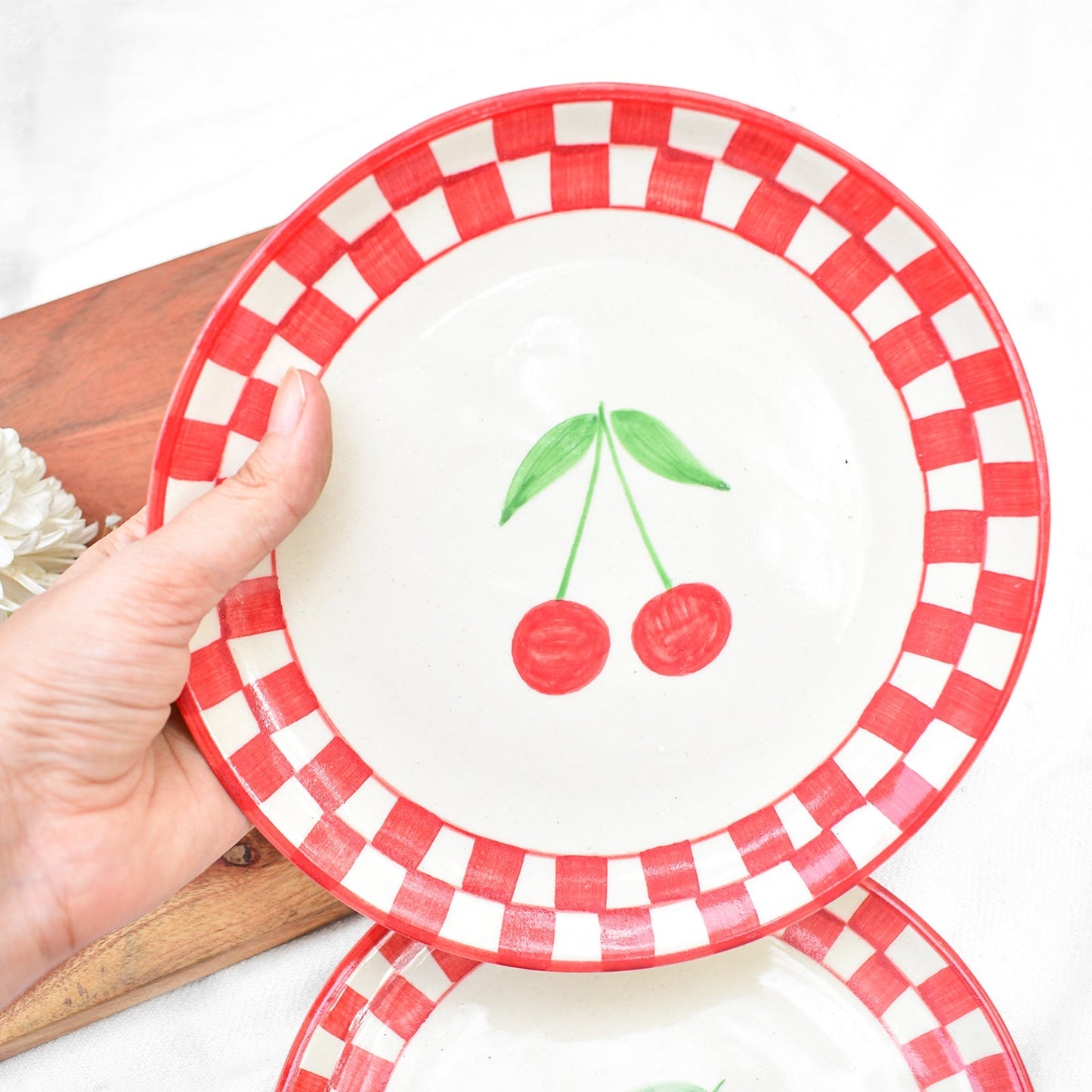 Serving Plate | Ceramic Checked Cherry | Set of 2, 7 Inches