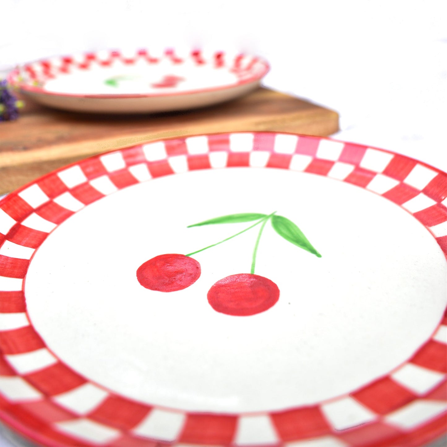 Serving Plate | Ceramic Checked Cherry | Set of 2, 7 Inches