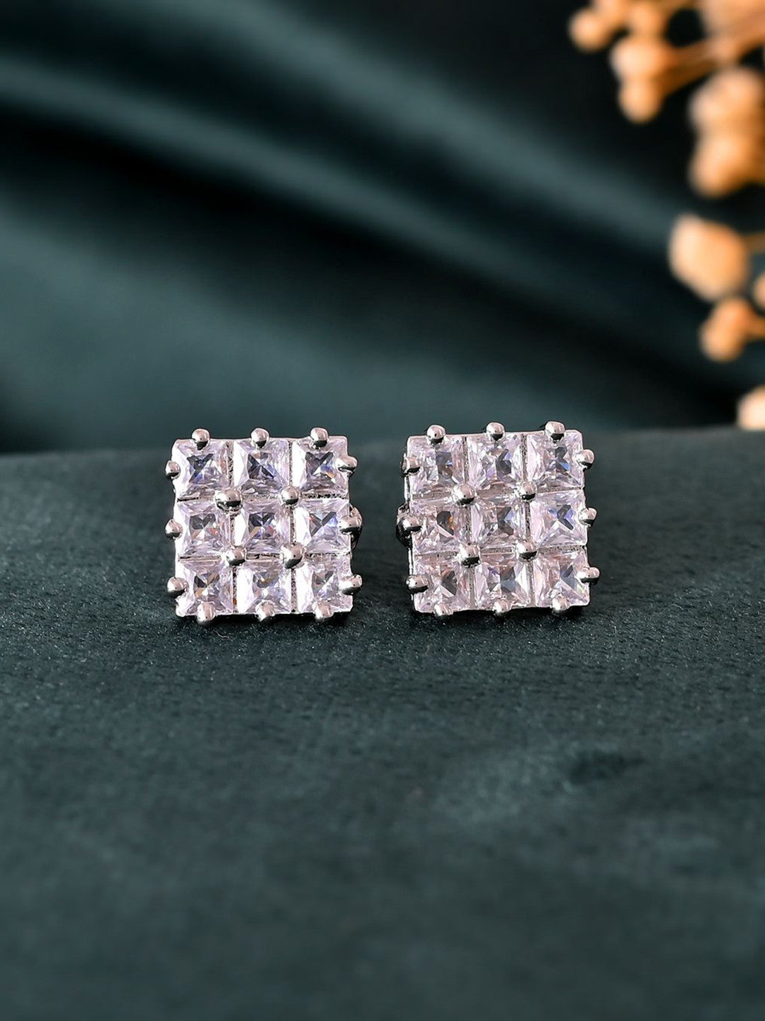 Silver-Plated Square Stud Earrings – Fashion Jewelry – American Diamond Accents – 1cm Pair