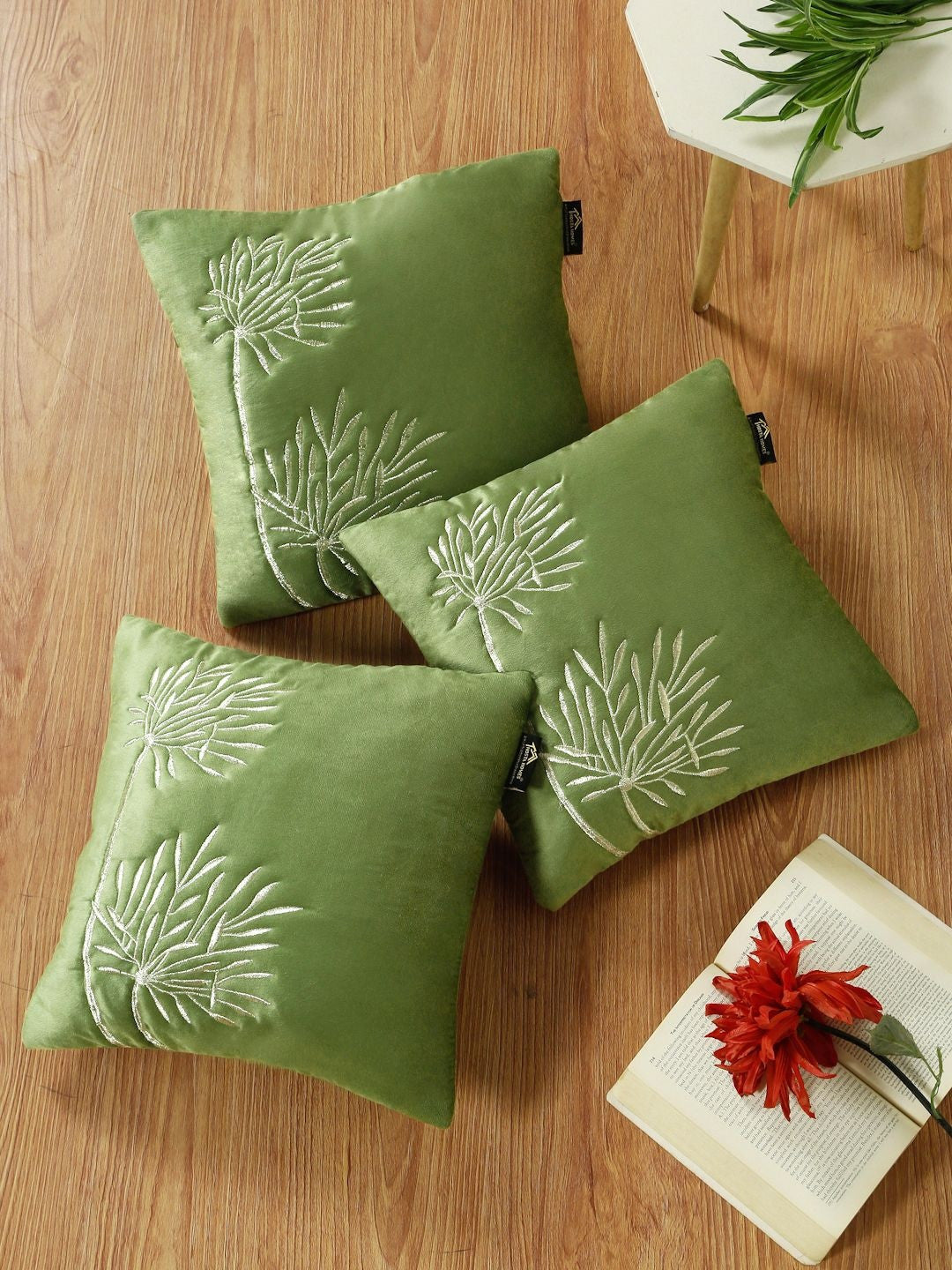 Set of 3 - Olive Green Embroidered Velvet Square Cushion Covers – Durable Upholstery