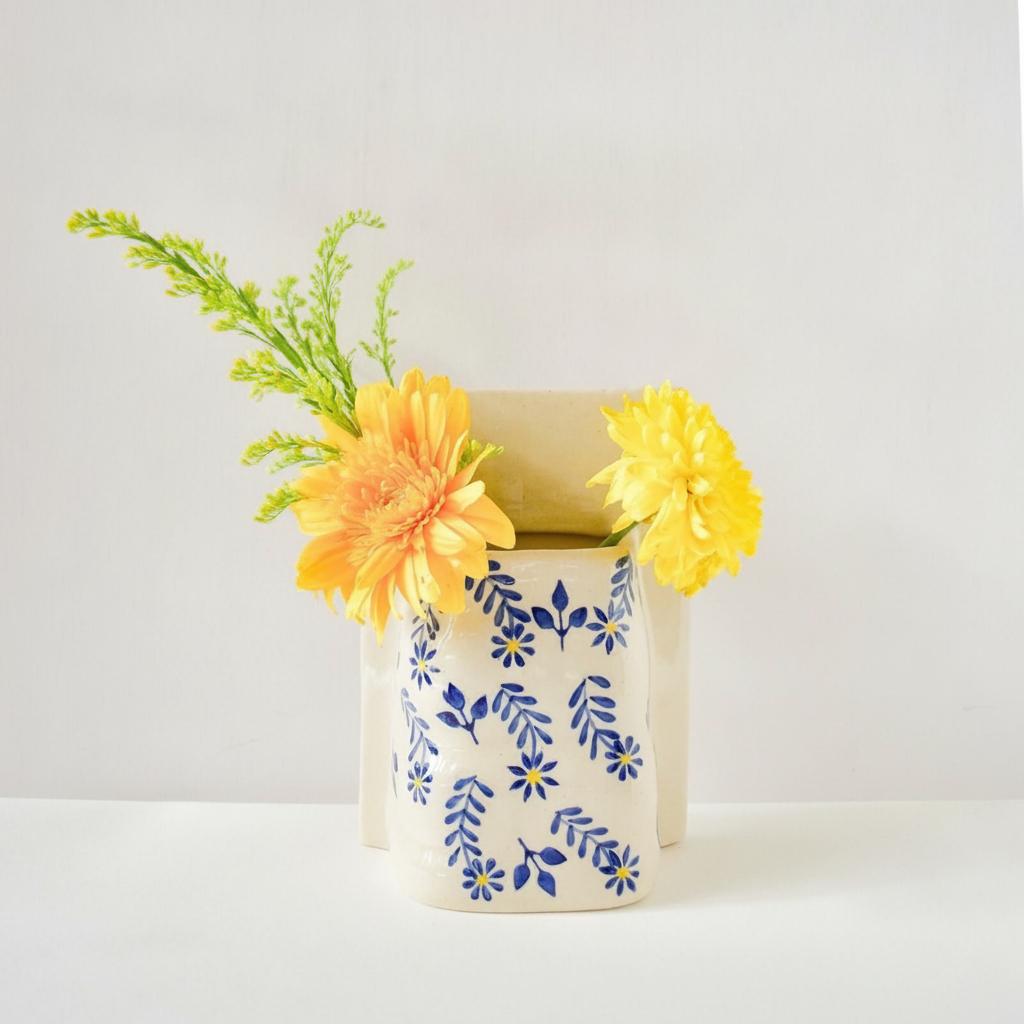 Planter | Ceramic  Hand-painted Indigo Flower Print