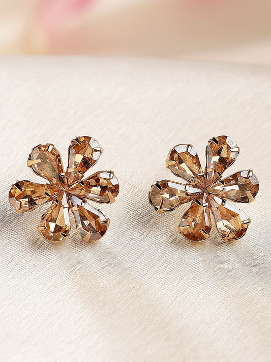Gold-Plated Floral Stud Earrings – Rhinestone Embellished – Post-Back Closure – 2cm x 2cm