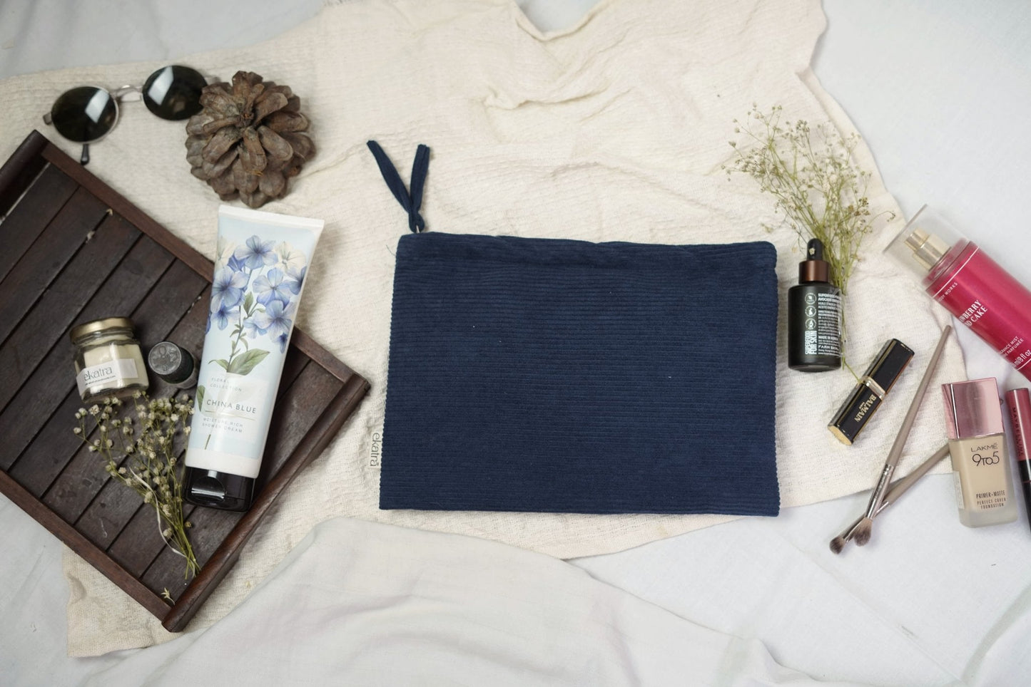 Organic Cotton Corduroy Pouch With Two Pockets And Metal Zip - Hand-Dyed