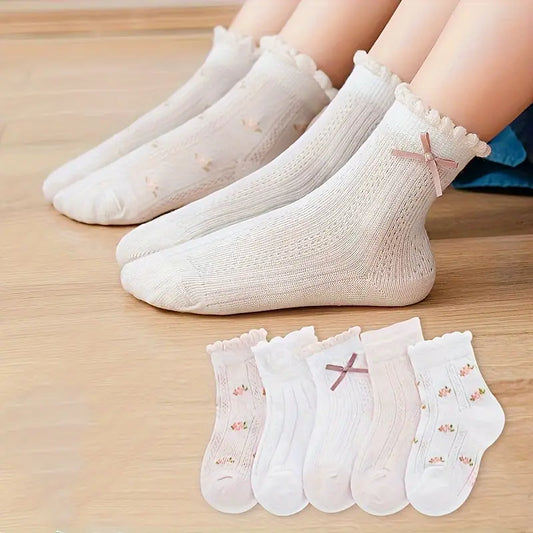 5 Pairs Cartoon Bowknot Socks | Breathable Mesh Crew Socks for Girls