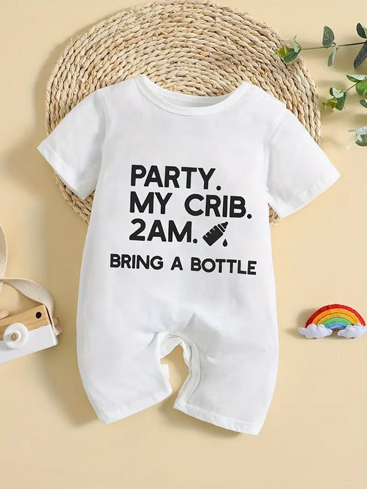 Babyfeestrompertje | Comfortabele onesie met korte mouwen en '2AM'-print voor babymeisjes