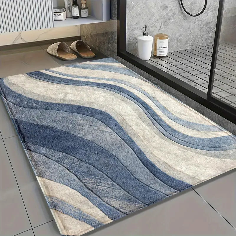 Blue & White Bath Rug - Non-Slip Microfiber, Quick Dry, Machine Washable
