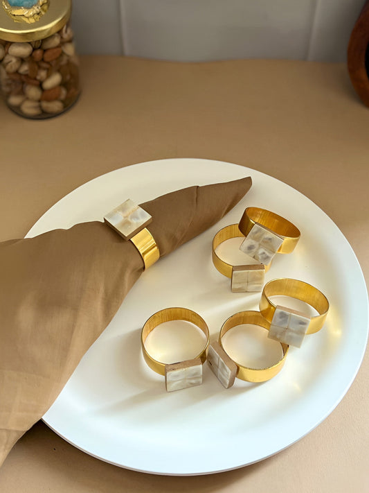 Blue & Gold Toned Square Mother of Pearl Napkin Rings – Table Accessories – Metal & MOP – 6 Pc Set