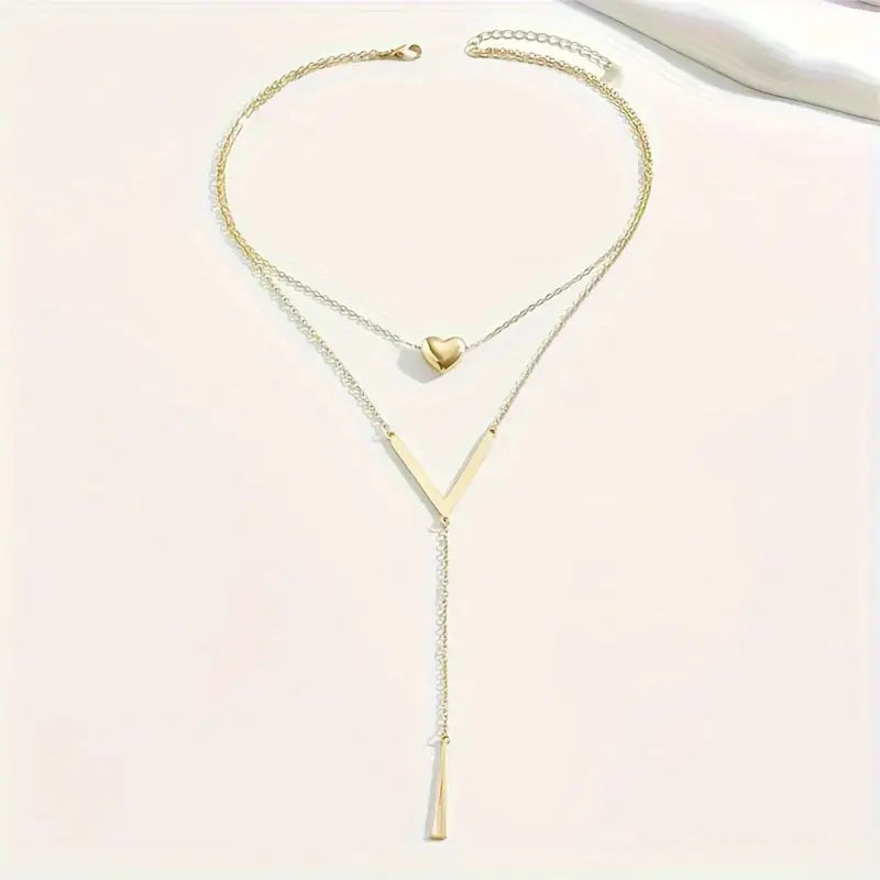 Heart Layered Necklace Women Gold V Pendant Tassel