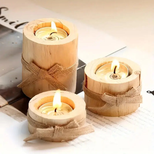 Rustic Pine Candle Holder Set - Burlap Bow Home Decor