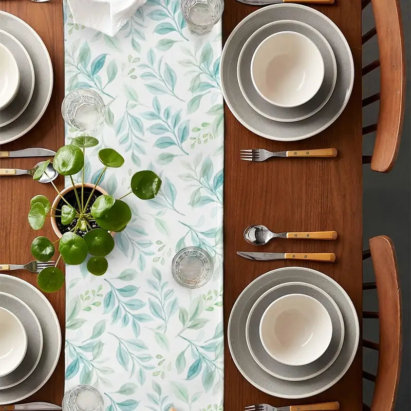 Teal Leaf Table Runner – Watercolor Linen Decor for Coffee Table or Kitchen