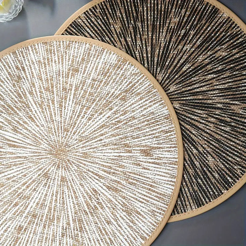 4PC Jute Firework Placemats – Handwoven Round Mats with Leather Edging
