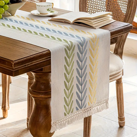 Floral Embroidered Table Runner - White Polyester with Tassels