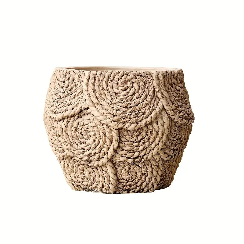 Rustic Cement Planter - Woven Design, Drainage, Indoor/Outdoor