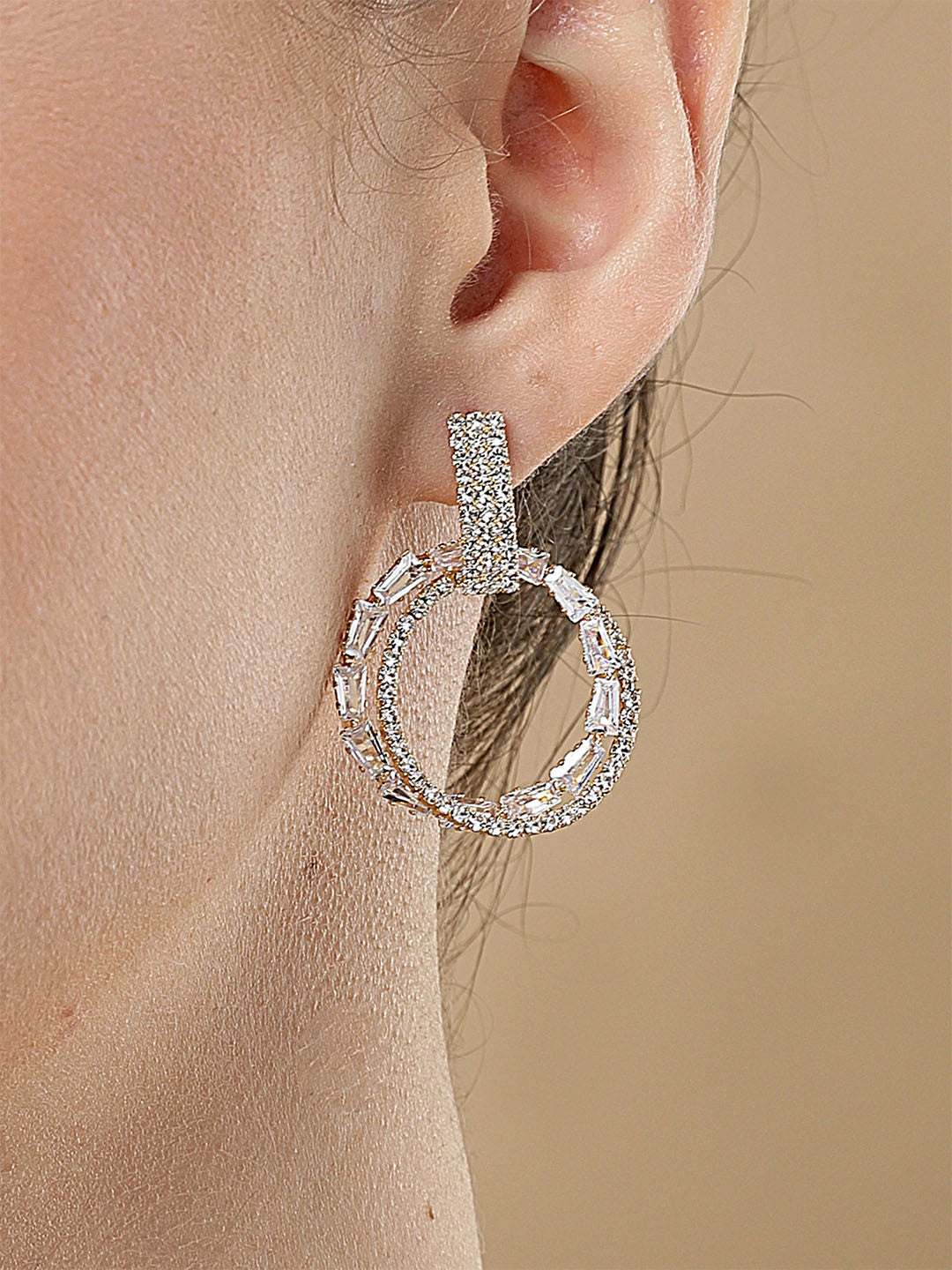 Contemporary Gold-Plated Cubic Zirconia Round Dangler Drop Earrings – Fashion Jewelry – Gold-Plated Finish – 3.7cm Length