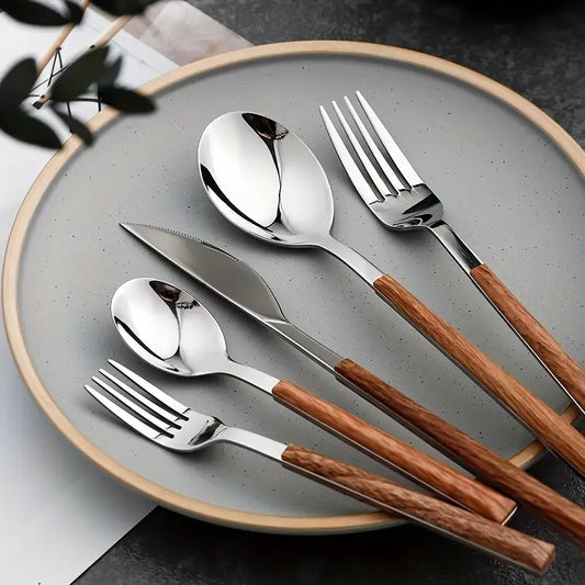 40PC Silverware Set – Faux Wood Handles, 8 Sets – Durable & Dishwasher Safe