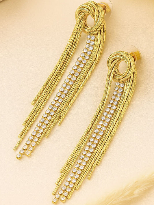Gold-Plated American Diamond Chain Tassel Studs – Earrings – Gold-Toned Finish – 9.5cm Length