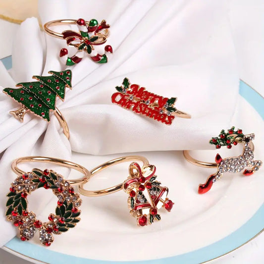 Christmas Festive Napkin Rings 6-Piece Set - Elegant Table Decor