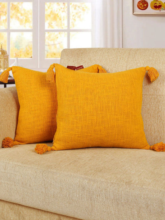 Set of 2 - Ochre Yellow Tasselled Pillow Covers – Square Accent Shams – Premium Cotton