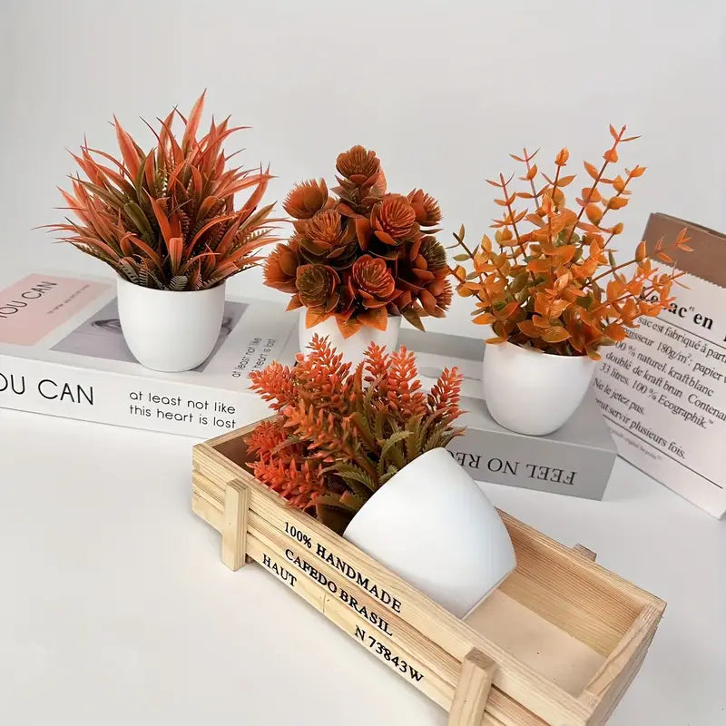 Mini Artificial Plants Set - Fall Decor White Pots