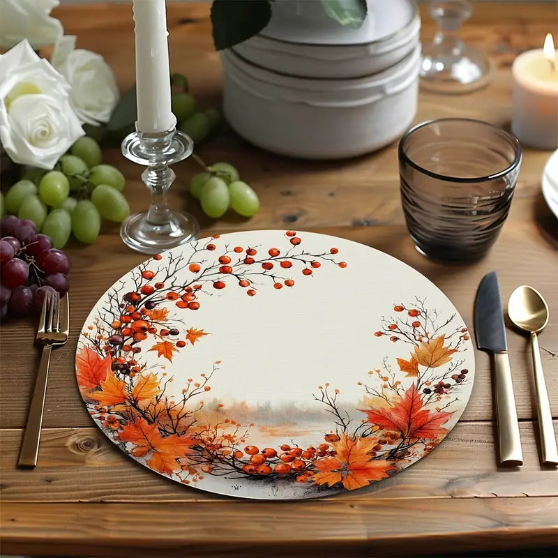 Round Linen Placemats - 4pcs Washable Rustic Berry Table Mats
