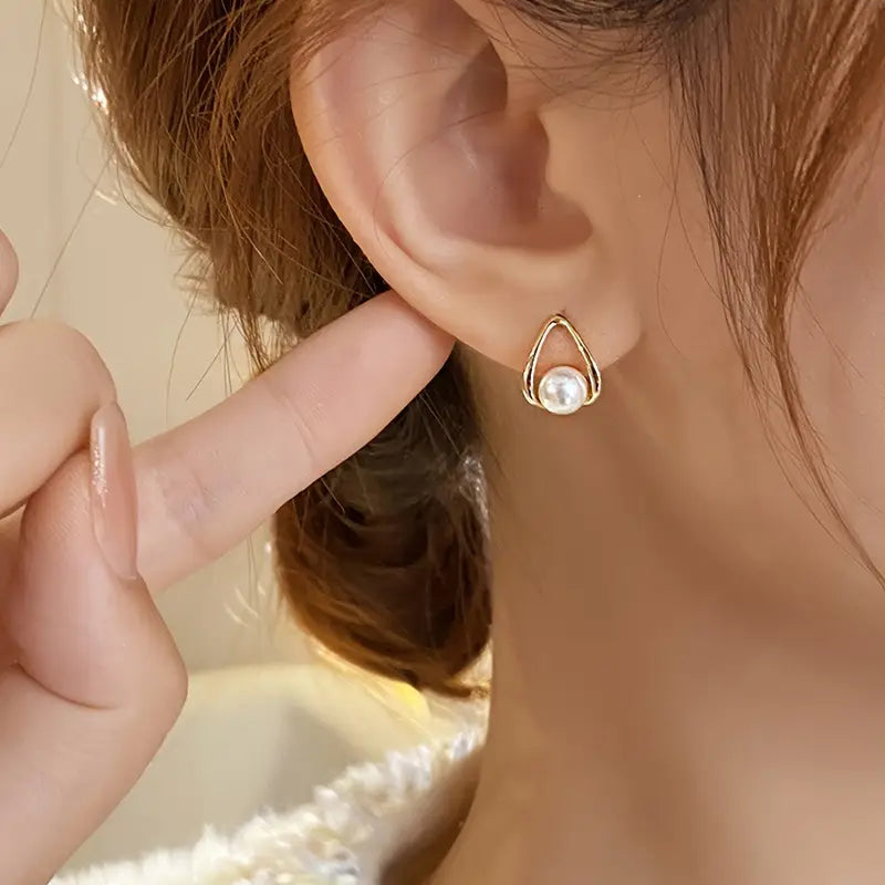 Pearl Stud Earrings Women French Drop Copper Post