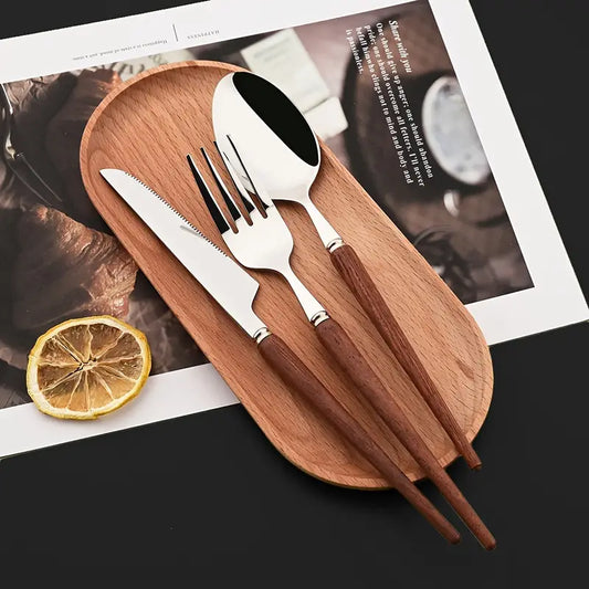 24PC Cutlery Set with Wooden Handles – Elegant Stainless Steel Dinnerware