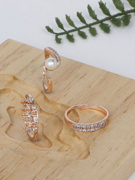 Rose Gold-Plated CZ & Beaded Finger Rings – Adjustable Ring Set – Mixed Finishes – Pack of 3