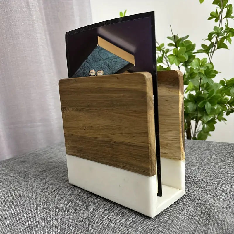 Marble Napkin Holder Wood Base - Modern Elegant Table Decor