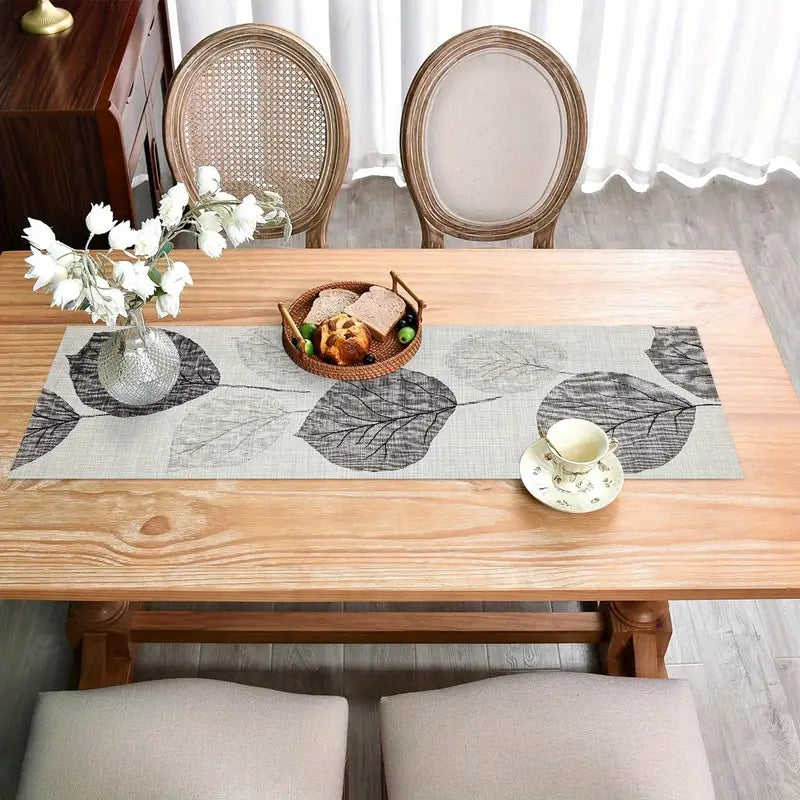 Gray Leaf Table Runner 35x140cm - Polyester, Indoor/Outdoor
