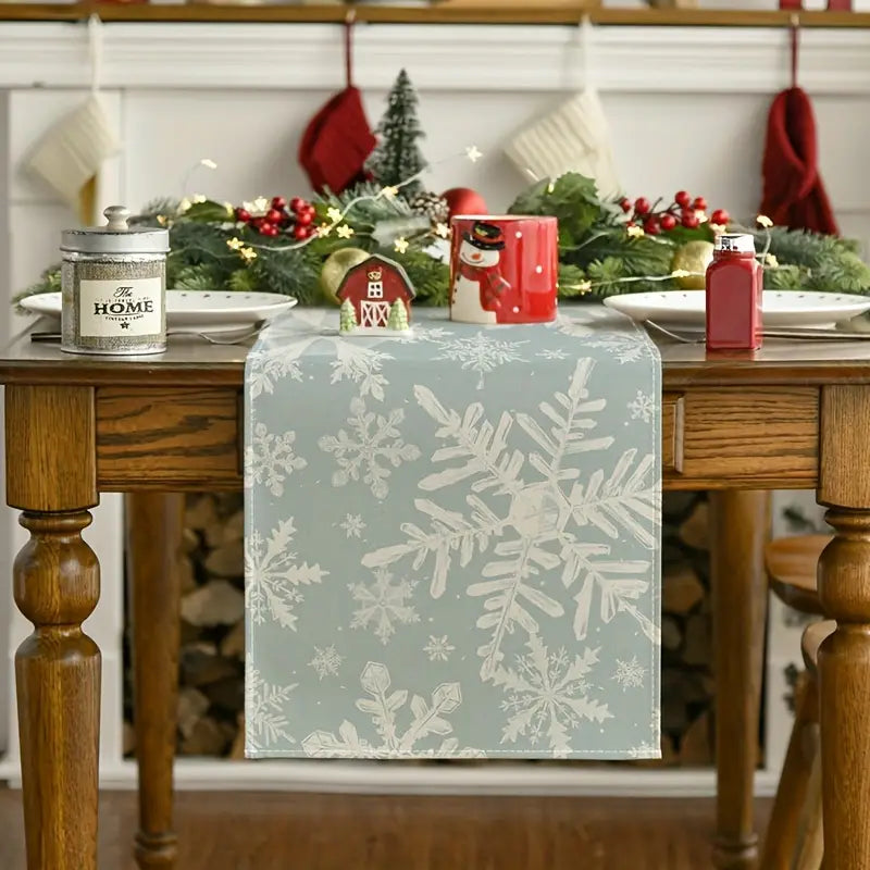 Linen Christmas Snowflake Table Runner - Holiday Dining Decor