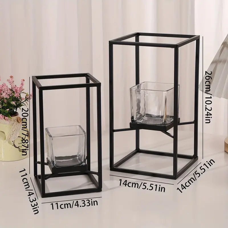 Black Iron Candle Holder - Windproof Glass, Home Decor Centerpiece
