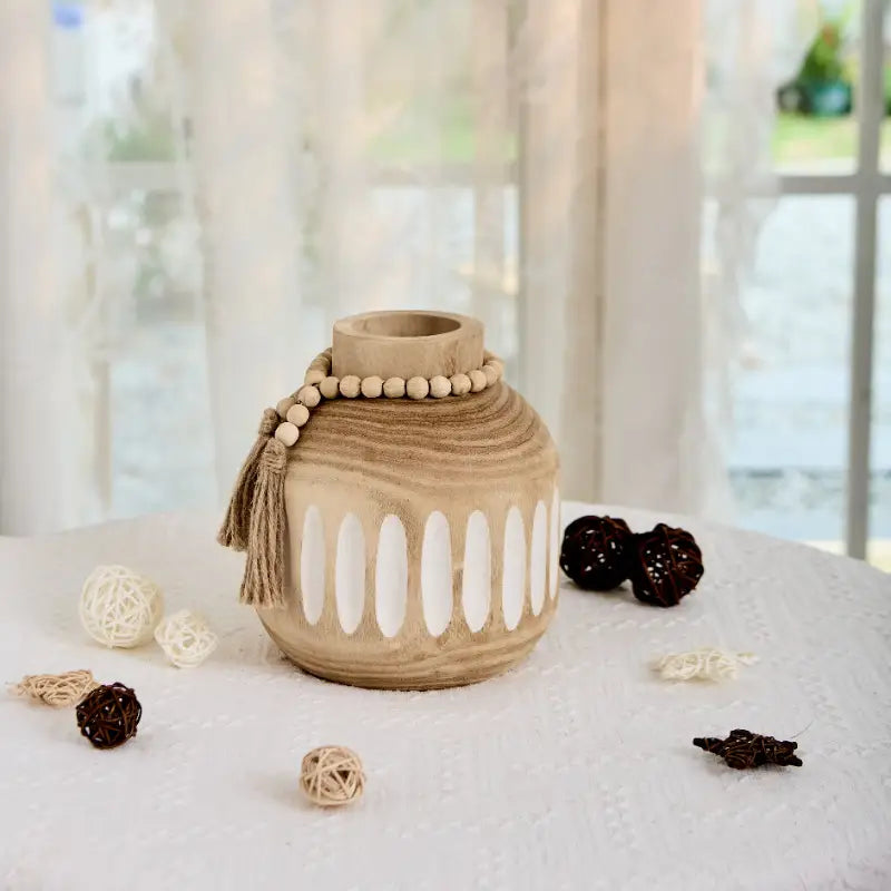 Boho Wood Vase Tassel Decor - Handmade Round Vase for Flowers