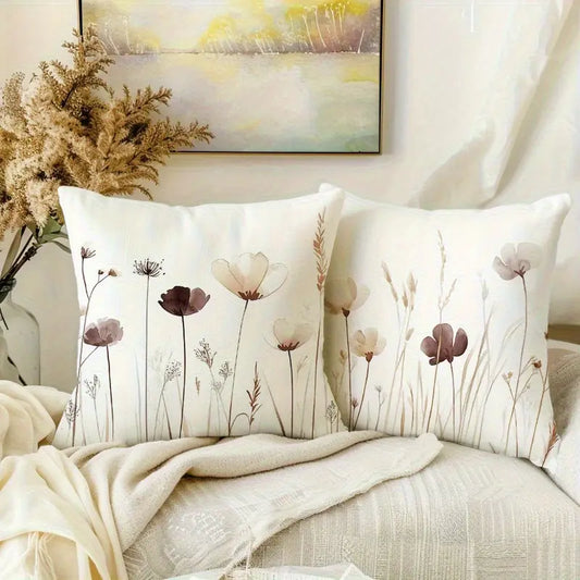 4pcs Floral Pillow Covers 18x18 Beige Brown - Decorative Cushion Cases