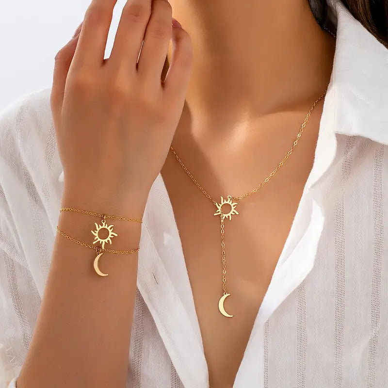 Sun & Moon Jewelry Set: Bracelet Necklace - Celestial Charm