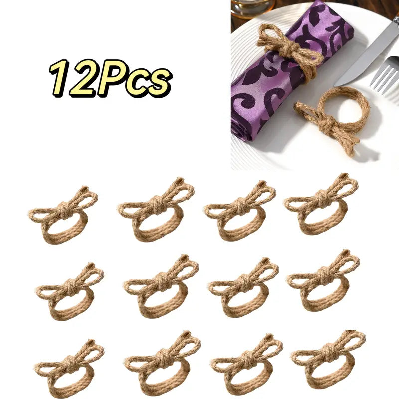 Jute Napkin Rings 12pc - Braided Bow Flower Nautical Table Decor
