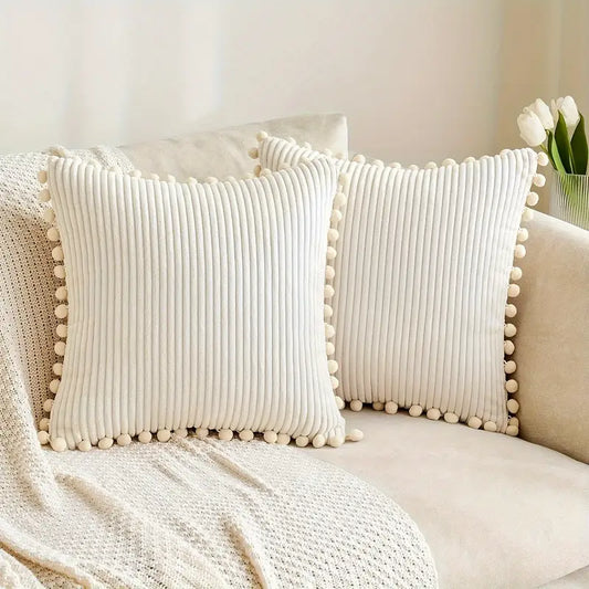Boho Corduroy Throw Pillow Covers 18x18 - Cream - Set of 2