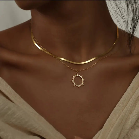 Zircon Sun Pendant Necklace - Stainless Steel Snake Chain Jewelry