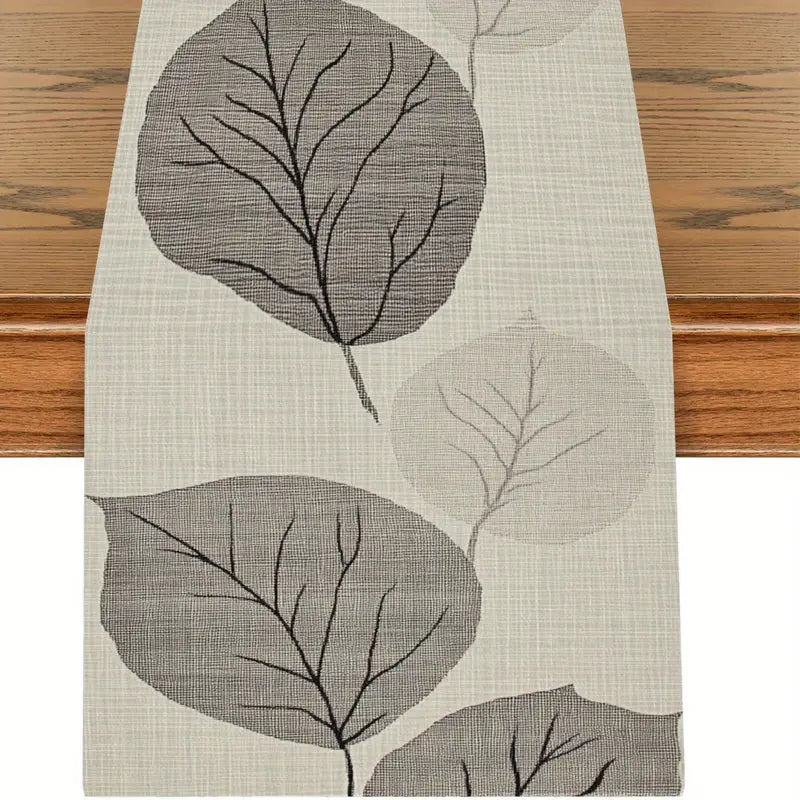 Gray Leaf Table Runner 35x140cm - Polyester, Indoor/Outdoor
