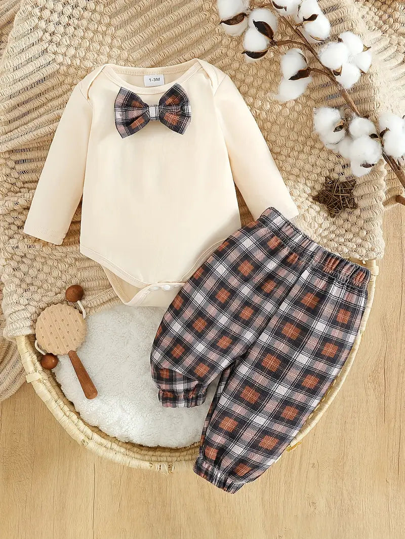 Baby Bodysuit & Pants Set with Bow Tie | Soft Cotton Blend Outfit with Stretch for Outdoor Wear