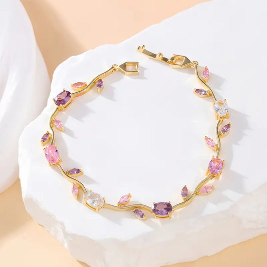 Gold Leaf Charm Bracelet - Multicolor Zirconia Boho