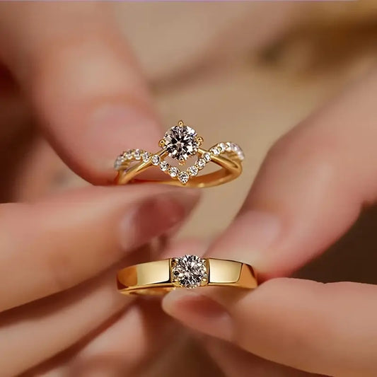 Cubic Zirconia Wedding Ring Set - Adjustable Copper Rings