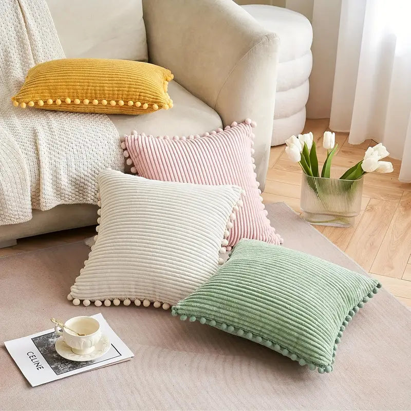 Boho Corduroy Throw Pillow Covers 18x18 - Cream - Set of 2