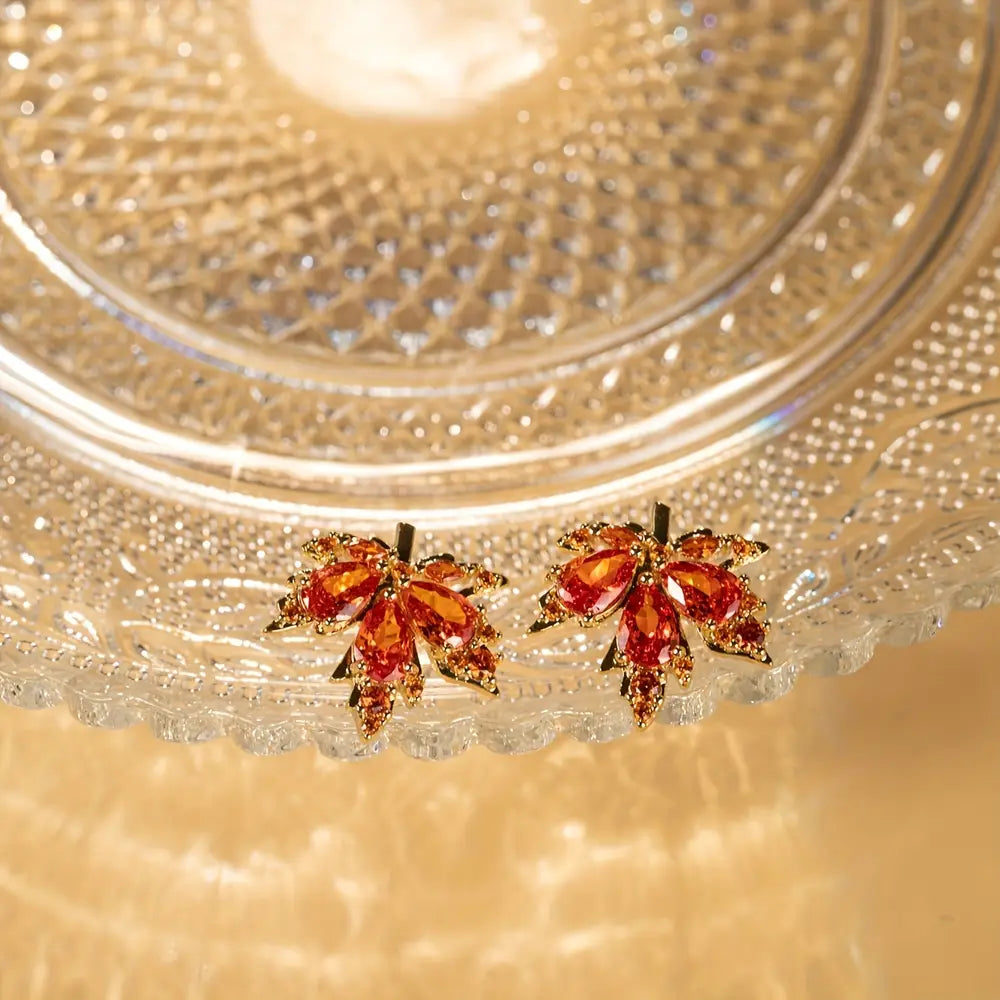 14K Golden Plated Red Maple Leaf zirconia Stud Earrings for Women