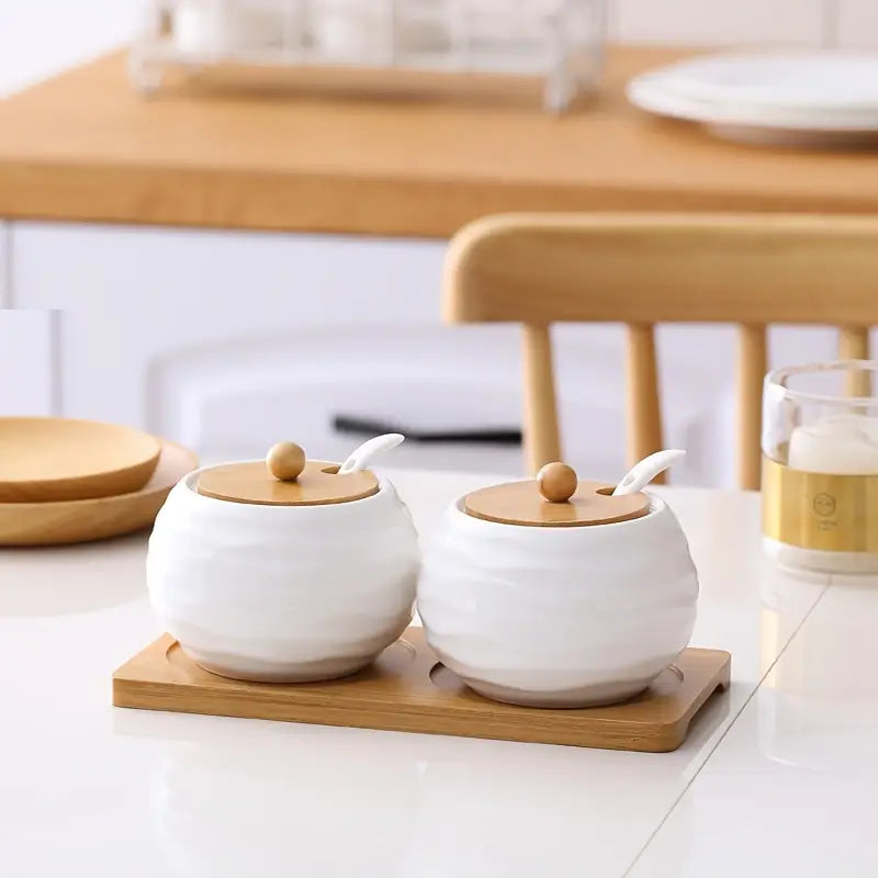 Ceramic Spice Jars with Wooden Lids & Spoons – Elegant Kitchen Storage Set